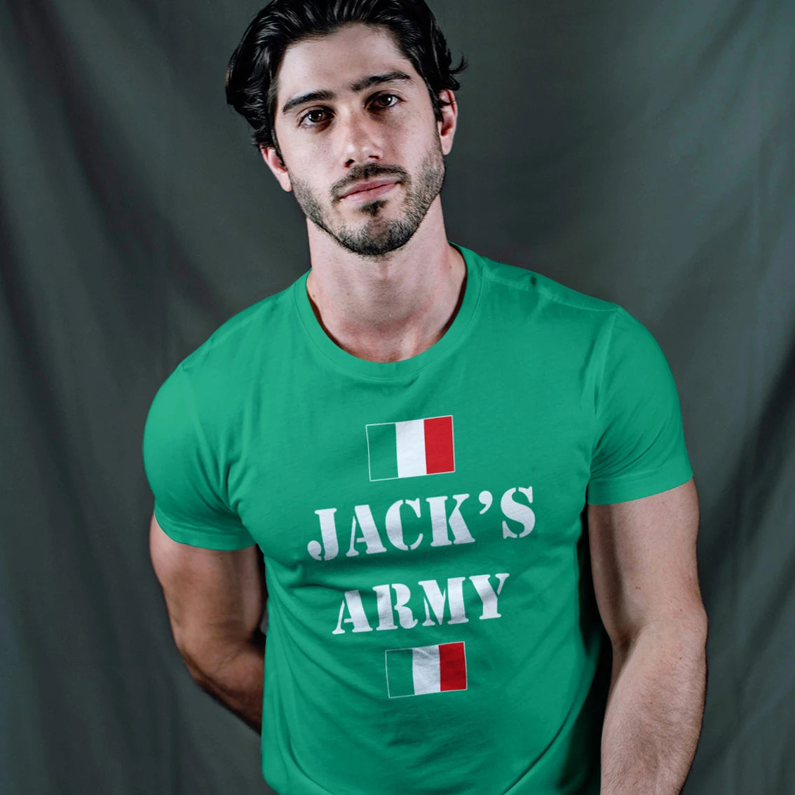 Man wearing a green t-shirt with 'Jack's Army' text and Italian flag design on a gray background