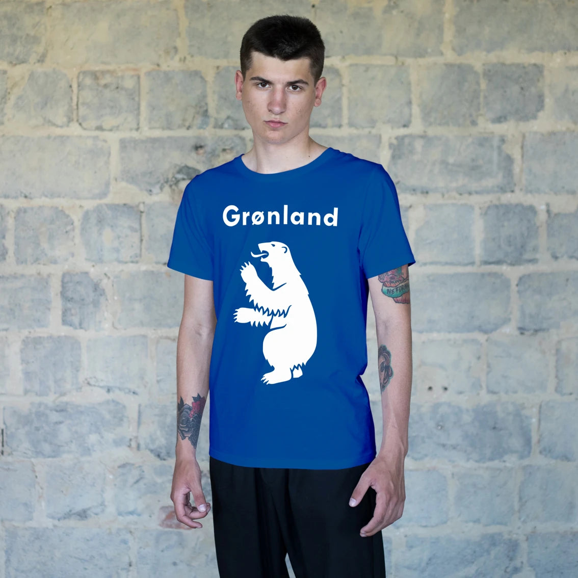 Man wearing a blue t-shirt with a white bear graphic and 'GrΓΈnland' text against a brick wall.