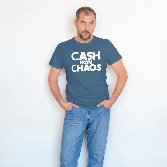 A man is wearing a blue t-shirt with 'Cash from Chaos' text on a white background