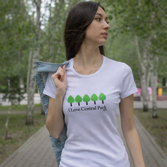 Woman wearing a 'I Love Central Park' t-shirt with trees logo in a park setting