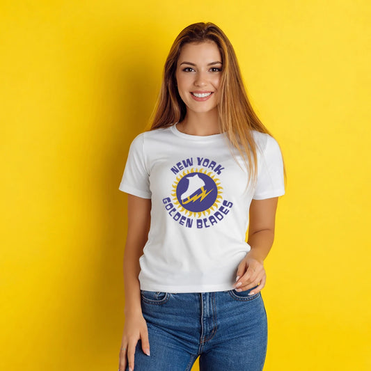 A woman modeling a white short-sleeve t-shirt with a blue and yellow New York Golden Blades graphic, paired with blue jeans, set against a solid bright yellow background.