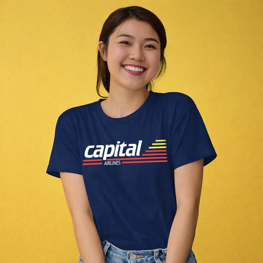 Woman wearing a navy blue t-shirt with 'capital Airlines' logo on a yellow background