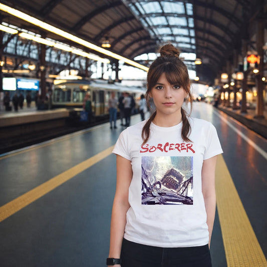A woman wearing a 'Sorcerer' t-shirt with a graphic design in a train station.
