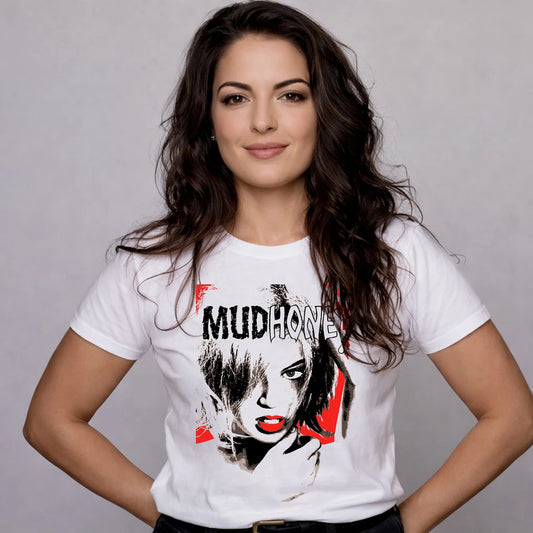 Woman wearing a white t-shirt with a graphic design and 'Mudhoney' text on a gray background
