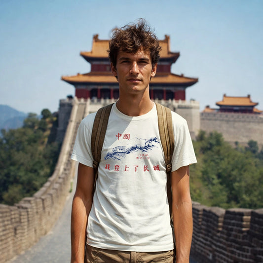 Man standing on the Great Wall of China with traditional Chinese architecture in the background wearing a t-shirt with 'I Climbed The Great Wall' text and graphic design