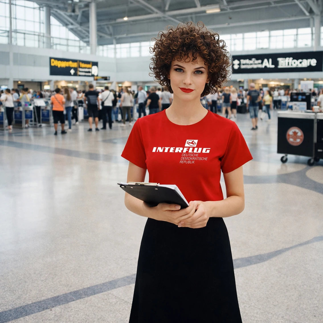 Woman in a red Interflug t-shirt holding a notebook in an airport terminal.