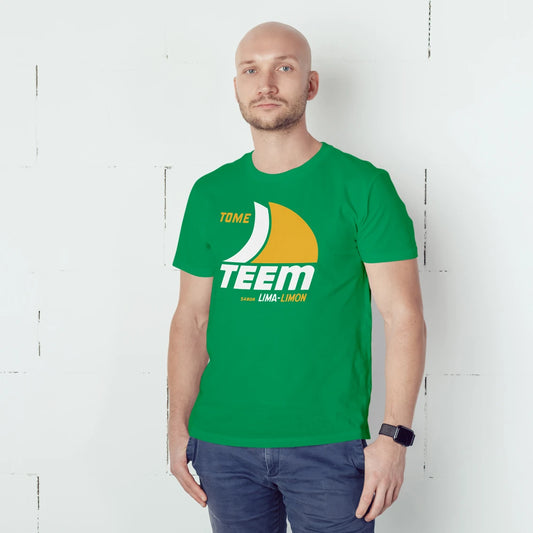 A man is wearing a green t-shirt with 'Tome TEEM - Sabor LIMA-LIMON' logo against a white background