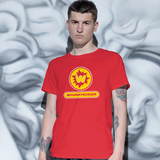 A man is wearing a red t-shirt with a 'W' logo and 'WHAMMYBURGER' text against a gray background.
